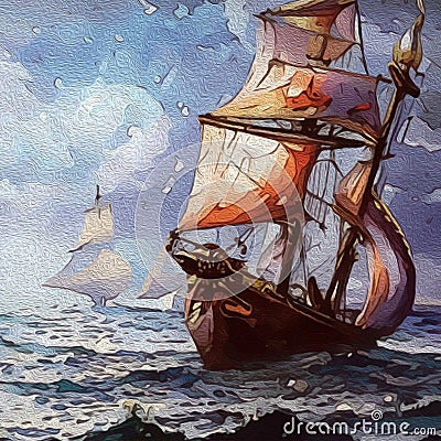 Oil painting. Ship at Sea. Pattern for printing on wall decorations, fabrics, and for use in graphics. Stock Photo