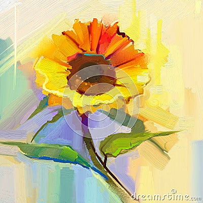 Oil painting a single yellow sunflower with green leaves Stock Photo