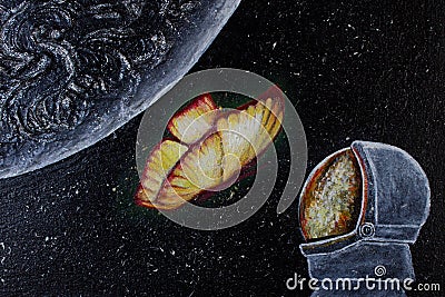 Oil painting space. Planet, butterfly and astronaut. Background. Texture. Stock Photo