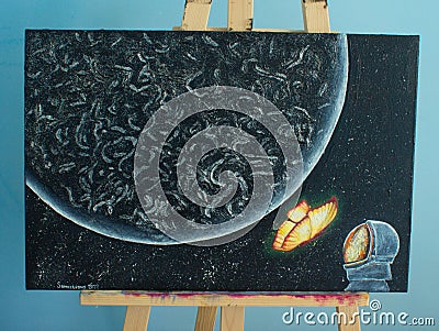 Oil painting space. Planet, butterfly and astronaut. Background. Texture. Stock Photo