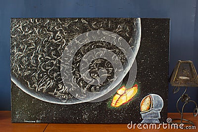 Oil painting space. Planet, butterfly and astronaut. Background. Texture. Stock Photo