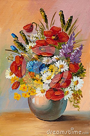 Oil painting of spring flowers in a vase on canvas. Abstract Stock Photo
