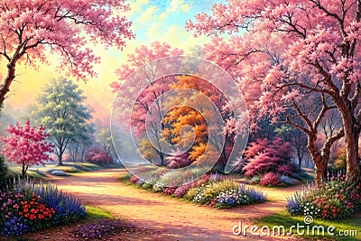 Oil painting spring spring landscape of blooming cherry trees, beautiful pink sakura trees in the forest Cartoon Illustration