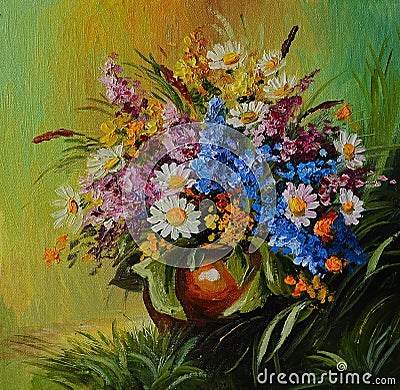 Oil painting - still life, a bouquet of flowers, lilac daisies Stock Photo