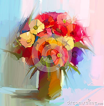 Oil painting still life of bouquet,yellow,red color flora. Gerbera,daisy and green leaf in vase Stock Photo