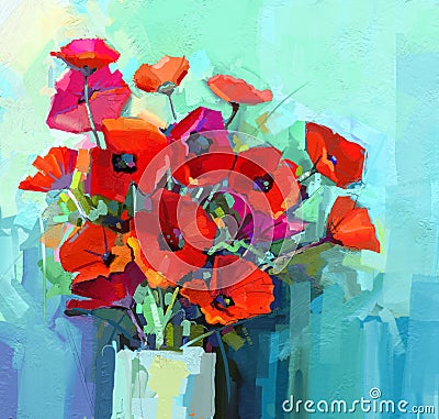 Oil Painting - Still life of red and pink color flower. Colorful Bouquet of poppy flowers in vase. Stock Photo