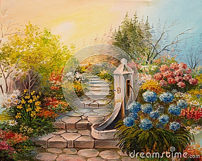 Oil Painting - stone stairs in the forest Stock Photo