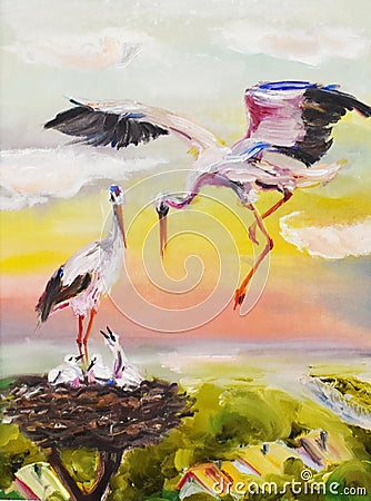 Oil painting storks feed their chicks Stock Photo