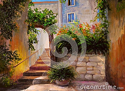 Oil painting, street full of flowers, colorful watercolor Stock Photo