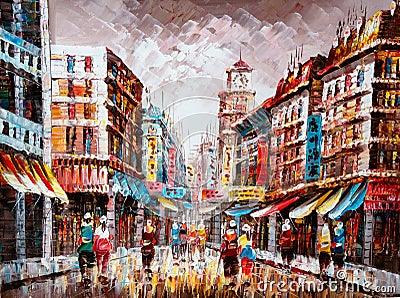 Oil Painting - Street View of Hong Kong Stock Photo