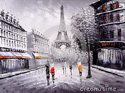 Oil Painting - Street View of Paris Stock Photo