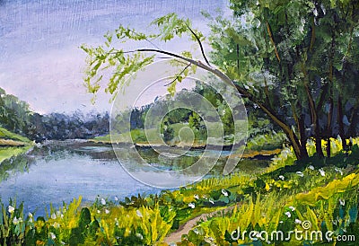 Oil Painting - summer landscape, blue river, sunny beach Stock Photo