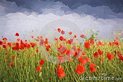 Oil painting summer landscape - field of poppies. Stock Photo