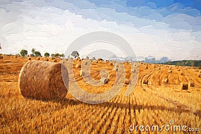 Oil painting summer landscape - hay bales on the field after harvest. Stock Photo