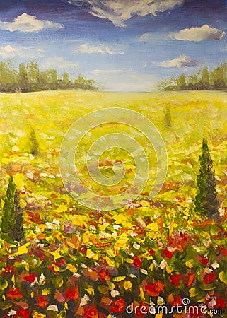 Oil painting summer landscape of a red ogange flower poppy field, blue sky clouds Stock Photo