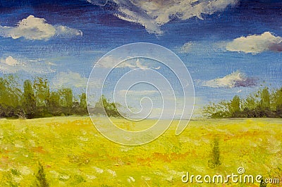 Oil painting summer landscape of a red ogange flower poppy field, blue sky clouds Cartoon Illustration