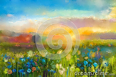 Oil painting sunset meadow landscape with wildflower Stock Photo