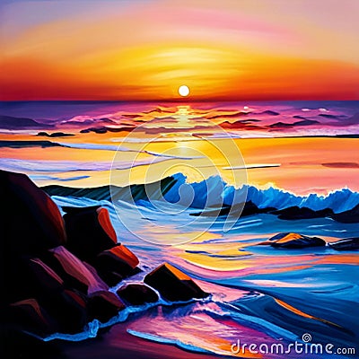 oil painting of a sunset over the ocean, with orange and pink hues, gentry rolling waves Stock Photo