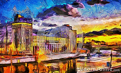 Oil painting sunset over the river in the city Stock Photo