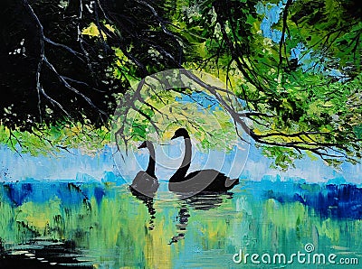 Oil painting of Swans on the lake Stock Photo