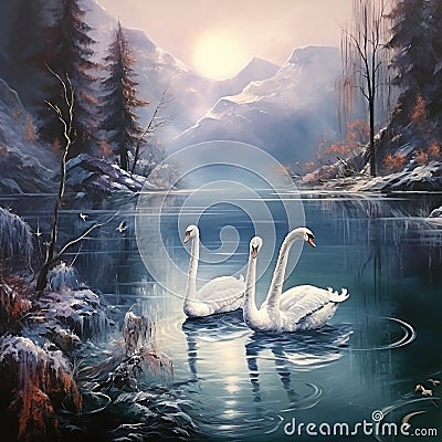 Oil painting of Swans on the lake Cartoon Illustration