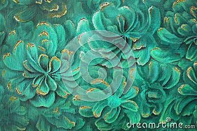 Abstract malachite green peony flowers with golden streaks and rust Stock Photo