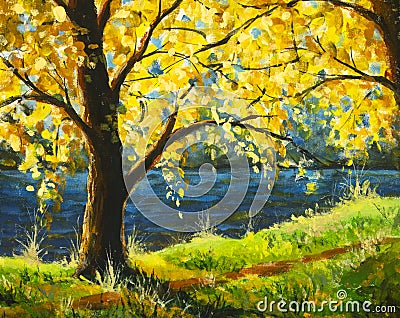 Oil painting tree by river in sun sunlight Stock Photo