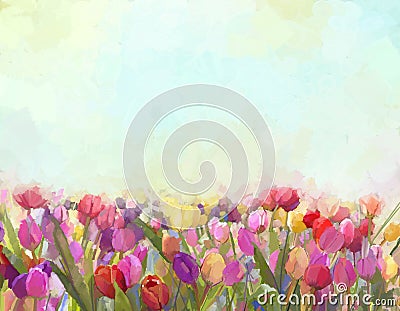 Oil painting Tulips flowers in the meadows Stock Photo