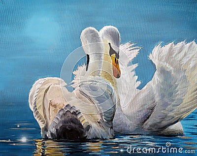 Oil painting of two graceful white swans Stock Photo