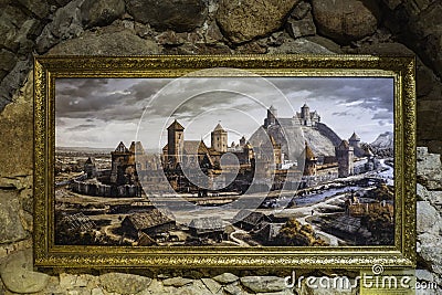 Oil Painting - The Vilnius Castle Complex - in Stone Wall Background Editorial Stock Photo