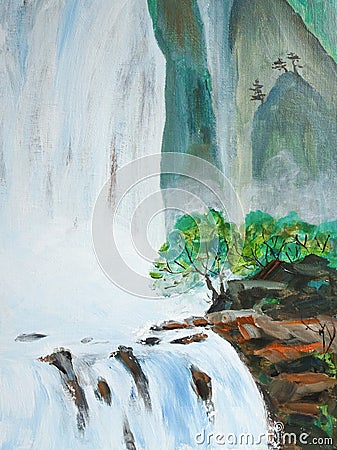Oil painting waterfall in the mountains and trees on the shore Cartoon Illustration
