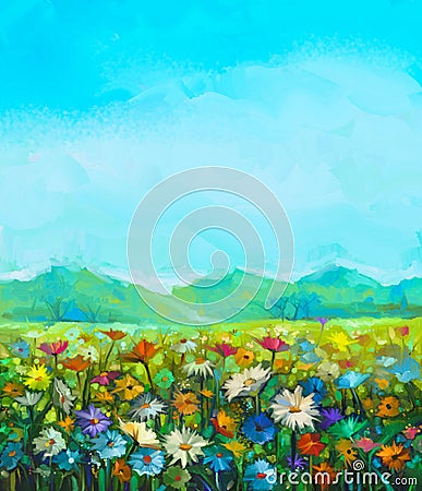 Oil painting white, red, yellow daisy- gerbera flowers Stock Photo