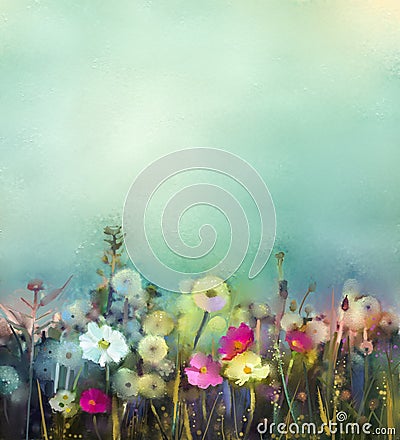 Oil painting Wildflowers field in summer meadow Stock Photo