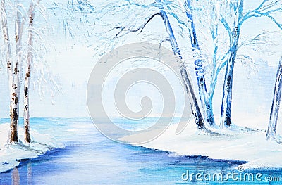 Oil painting - winter landscape, colorful watercolor Stock Photo