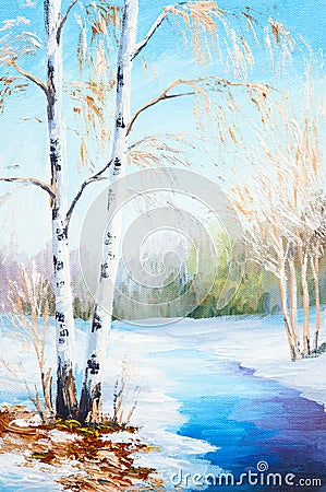 Oil painting winter landscape, frozen river in the forest. Stock Photo