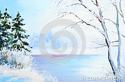 Oil painting winter landscape, frozen river in the forest Stock Photo