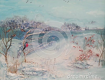 Oil painting, winter trees, river and birds Stock Photo