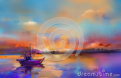 Oil paintings seascape with boat, sail on sea. Stock Photo