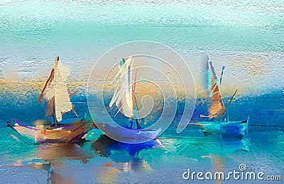 Oil paintings seascape with boat, sail on sea. Stock Photo