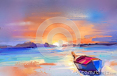 Oil paintings seascape with boat, sail on sea. Stock Photo