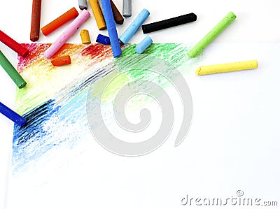 Oil pastels crayons colorful art drawing on white paper backgro Stock Photo