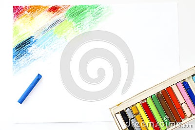 Oil pastels crayons colorful picking art drawing on white paper Stock Photo