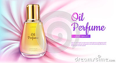 Oil perfume glass bottle cosmetics on silk fabric Vector Illustration