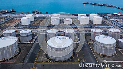 Oil and petrochemical tank, storage of oil and petrochemical products ready for logistic and transport business. Aerial view Stock Photo