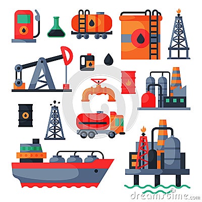 Oil petroleum extraction processing transportation recovery industry refinery fuel gas drilling industrial pump vector Vector Illustration