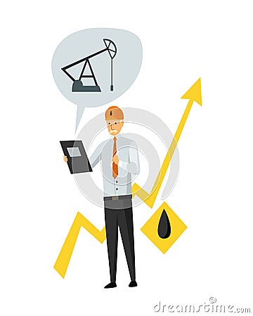 Oil petroleum industry. Engineer or oilman in professional work process isolated. Control extraction or transportation Vector Illustration