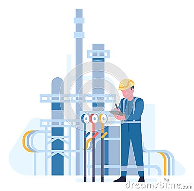 Oil petroleum industry. Worker checks gas or petrol pipeline equipment. Petrochemical factory production. Refinery plant Vector Illustration