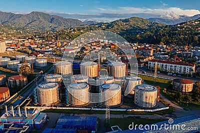 Oil or petroleum storage tanks, aerial drone view Stock Photo