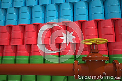 Oil pipe and barrels with painted flag of Azerbaijan. Petroleum industry related 3d rendering Stock Photo