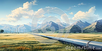 Oil pipeline network in action in landscape. Flow of vital energy Stock Photo